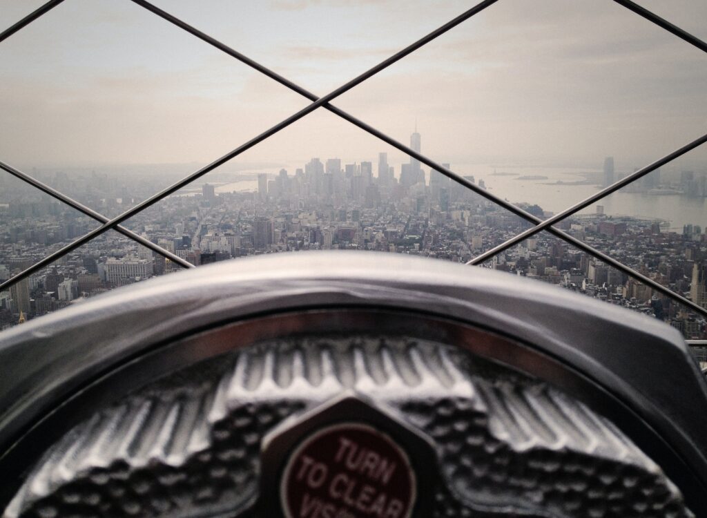 Vista su Lower Manhattan attraverso la grata della terrazza panoramica dell'Empire State Building