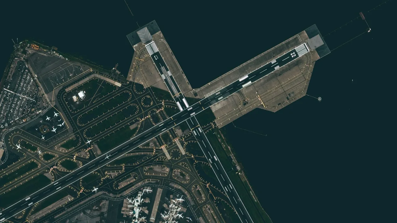 Vista notturna dall'alto delle piste all'aeroporto LGA Laguardia di New York